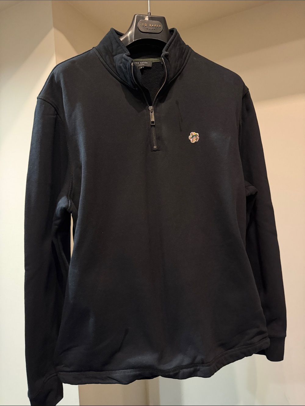 Ted Baker Black Half-Zip Sweater with Floral Crest